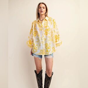 GiGiO Yellow White Damask Print Oversized Button Down Shirt M